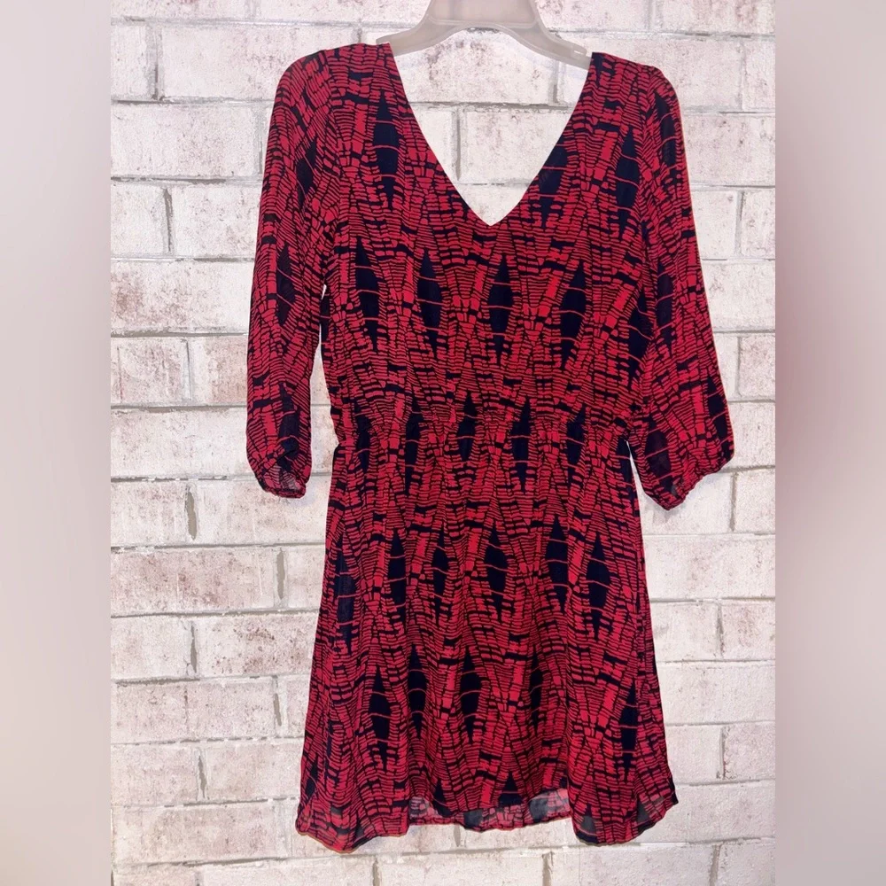 BeBop Dress Medium Red Navy V Neck 3/4 Sleeve Sheer Office Chic Professional